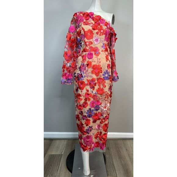 NWT Elliatt Merriment Electric Floral Appliqué Midi-Dress Red Beige Small $495 - Picture 5 of 10